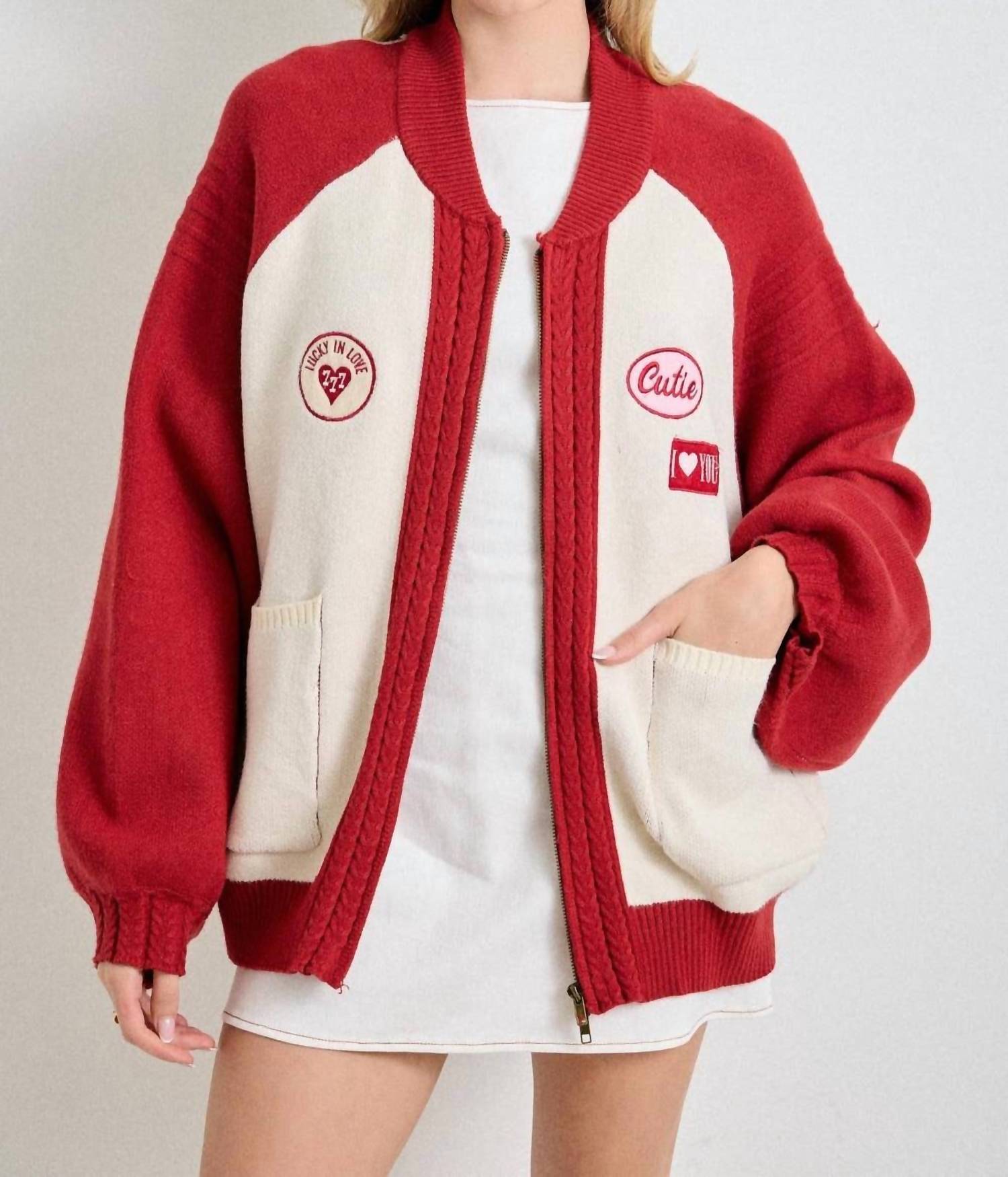 Baevely by Wellmade Cutie Patch Zip-Up Knit Sweater in cream red - women's cardigan