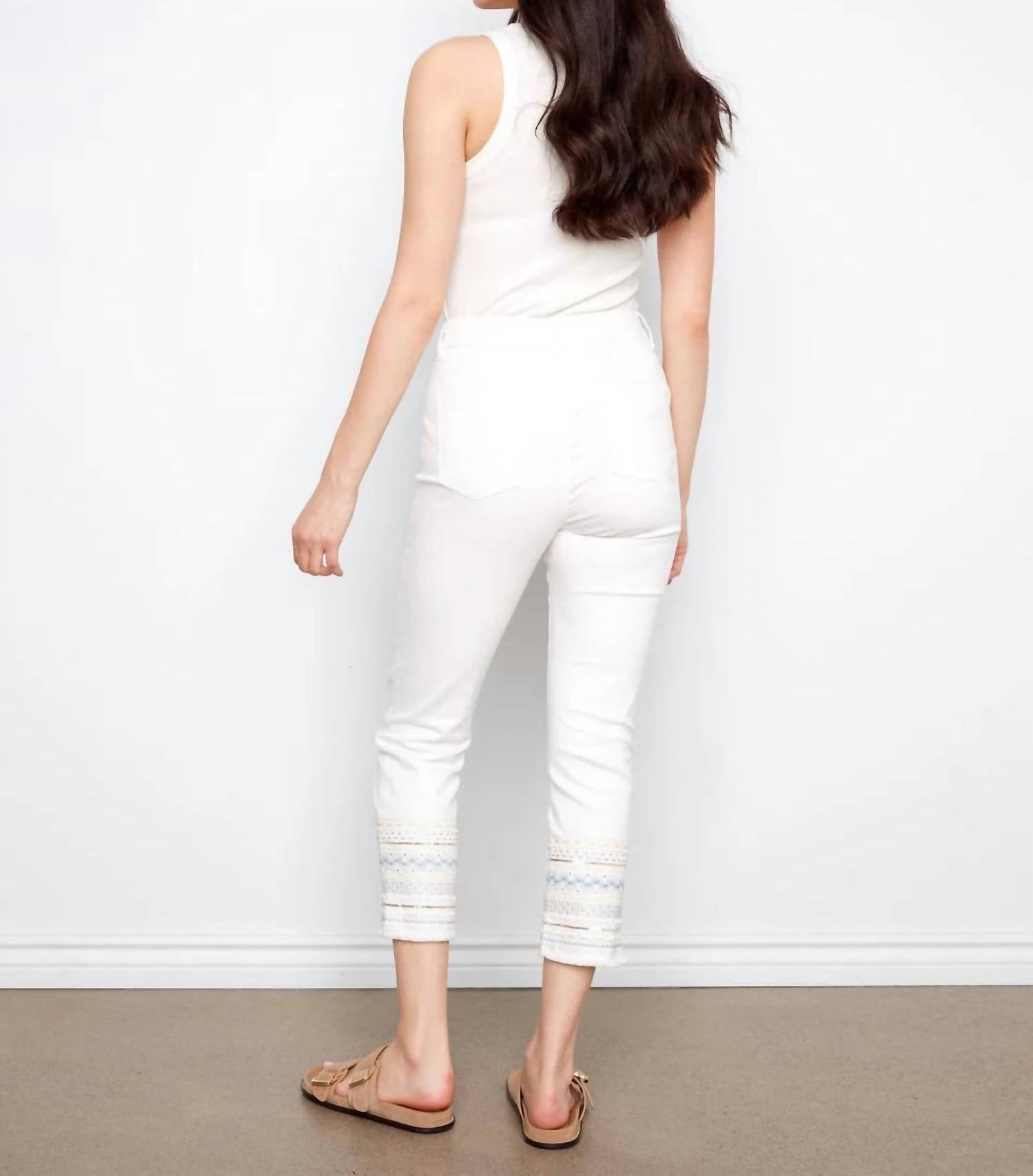 CHARLIE B Embroidered Cuff Jeans in white - women's jeans - detail view