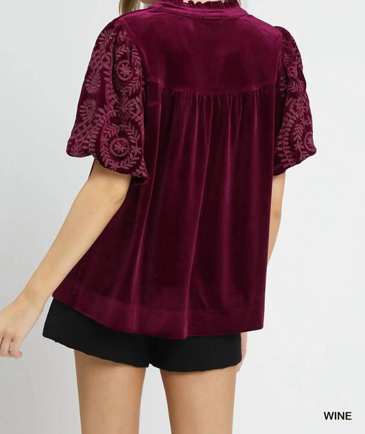 Umgee - Velvet Embroidered Sleeve Top