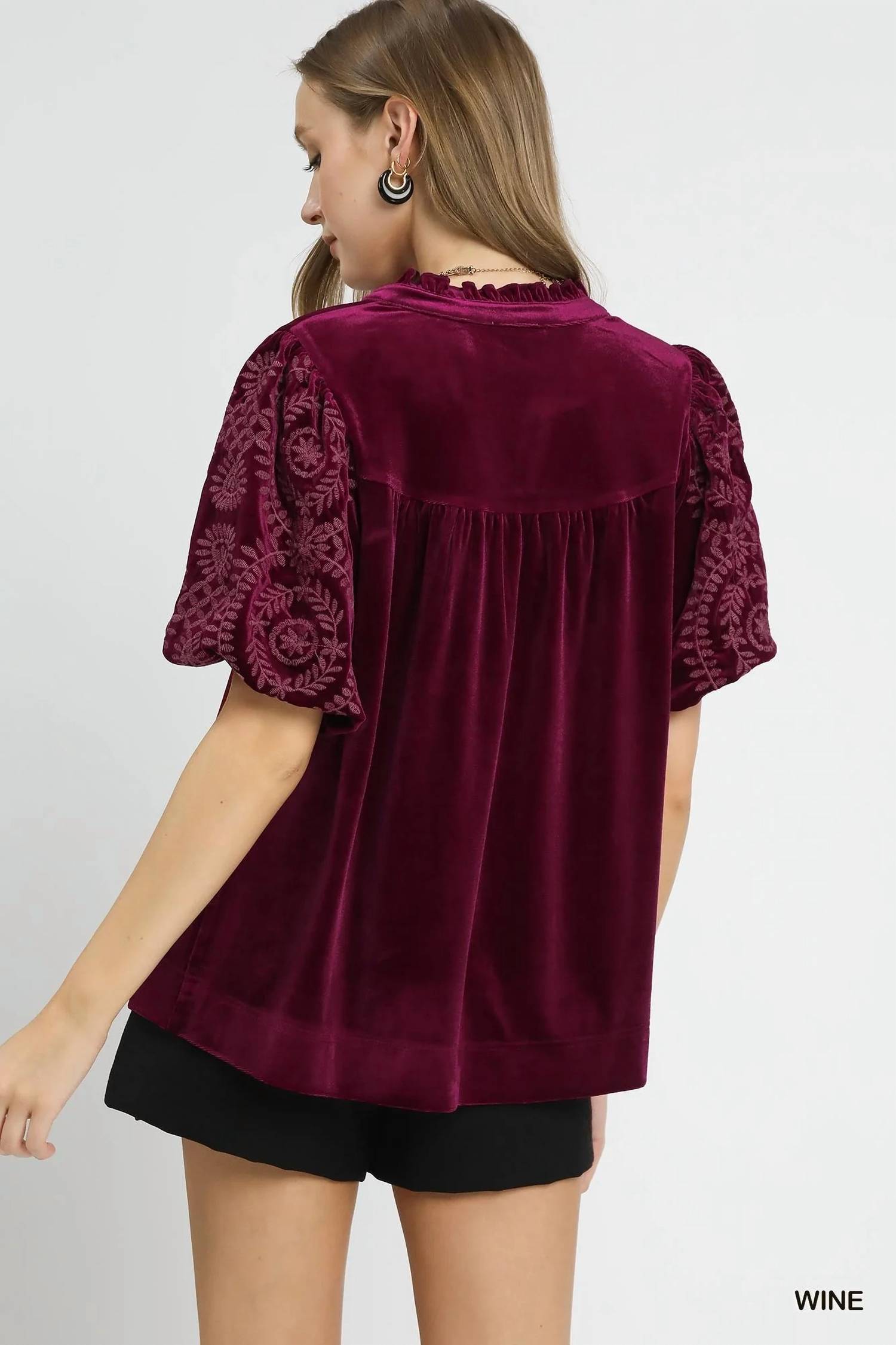 Umgee - Velvet Embroidered Sleeve Top