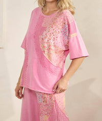 J.Her - Mineral Washed Spring Picnic Print Lace Blouse Top