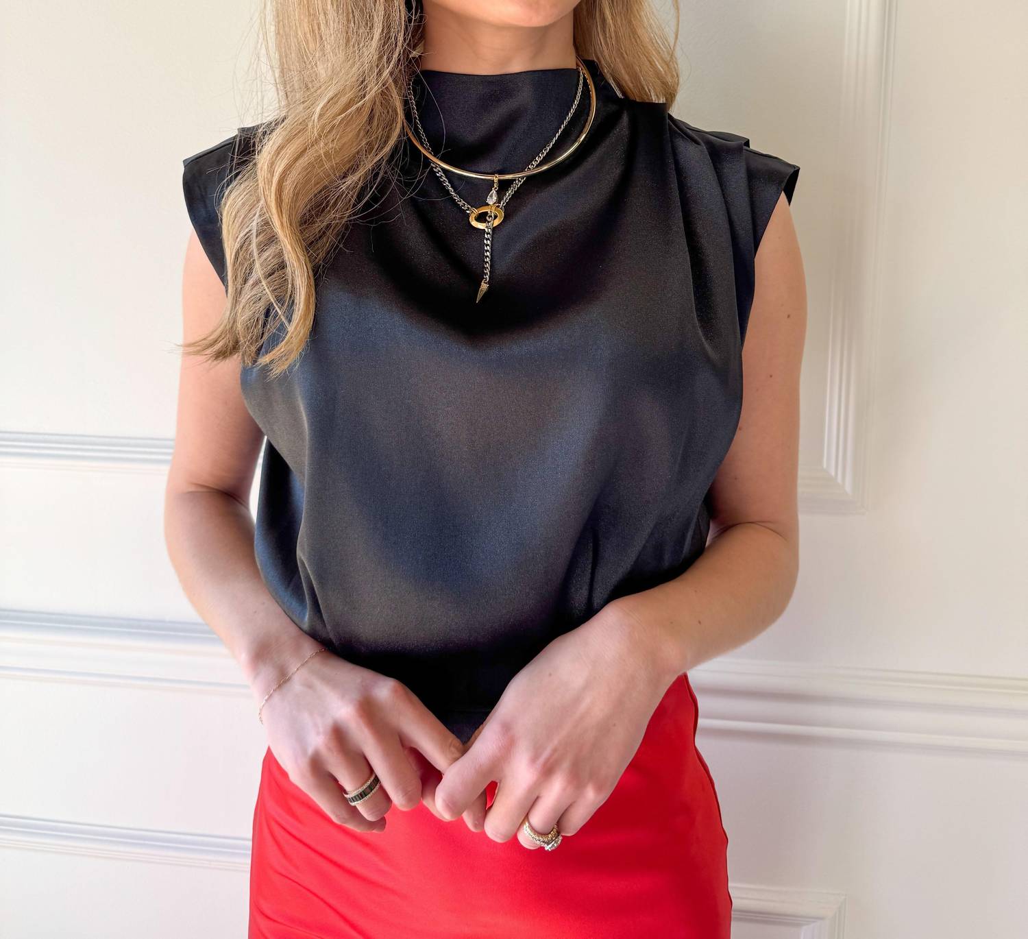 GLAM Sleek Satin Pleated Top in black - women's blouse