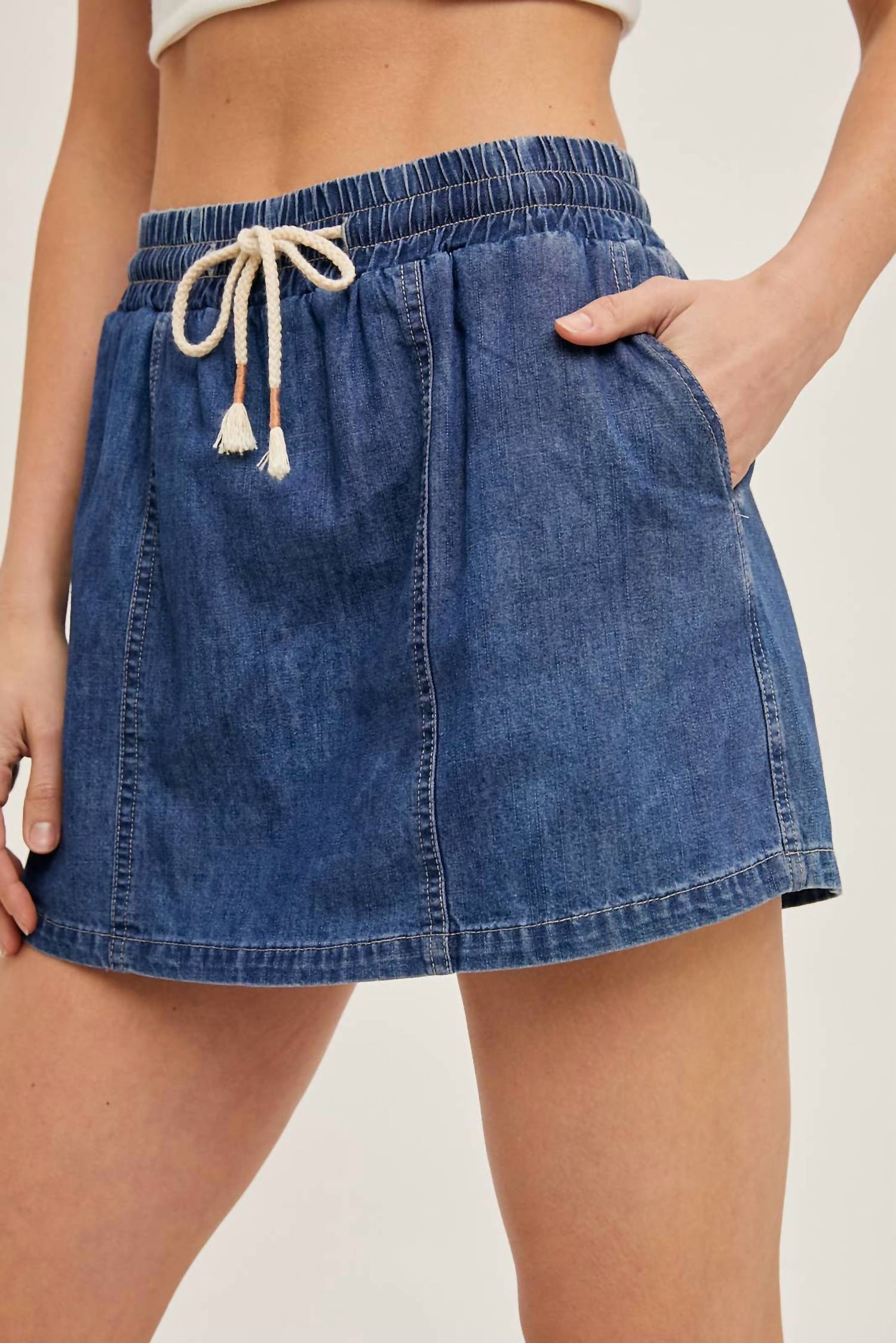 Bluivy - Denim Drawstring Skort With Pockets