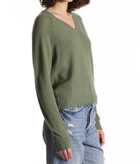Minnie Rose - Cashmere Frayed Edge Cropped V-neck Sweater