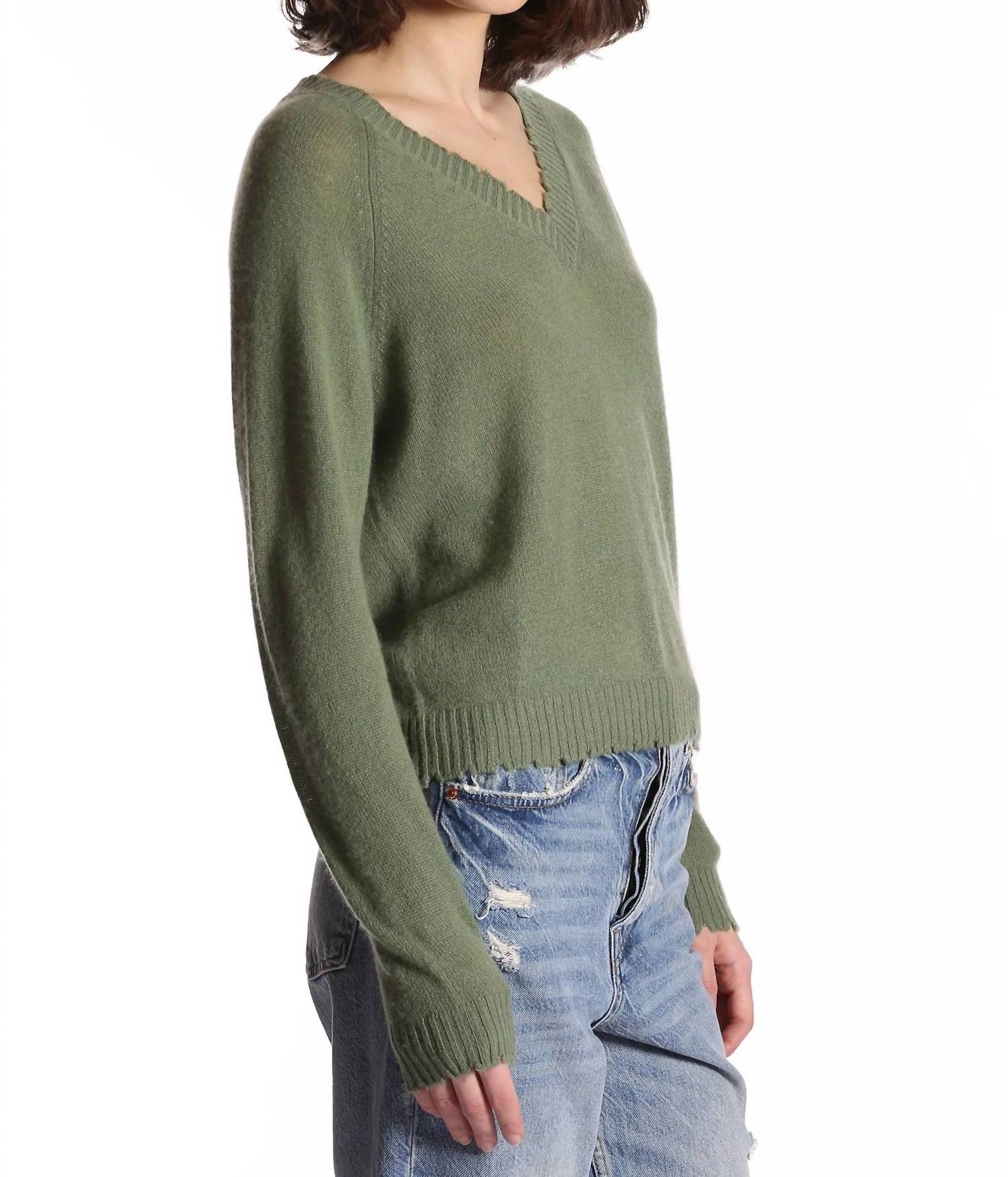 Minnie Rose - Cashmere Frayed Edge Cropped V-neck Sweater
