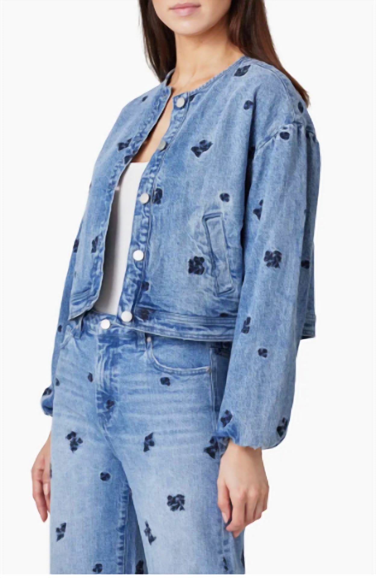 Habitual - Collarless Embroidery Denim Jacket