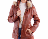 Scully Leather Jacket With Faux Fur Hood in brown - women's jacket - detail view