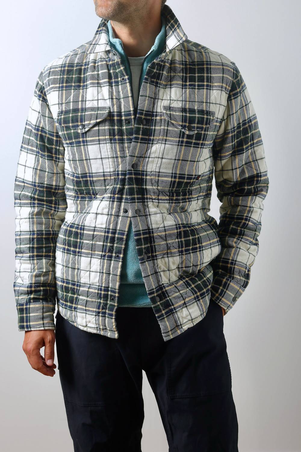 Relwen Men's Quilted Flannel Shirt Jacket in cream forest tartan - men's jacket - view 4