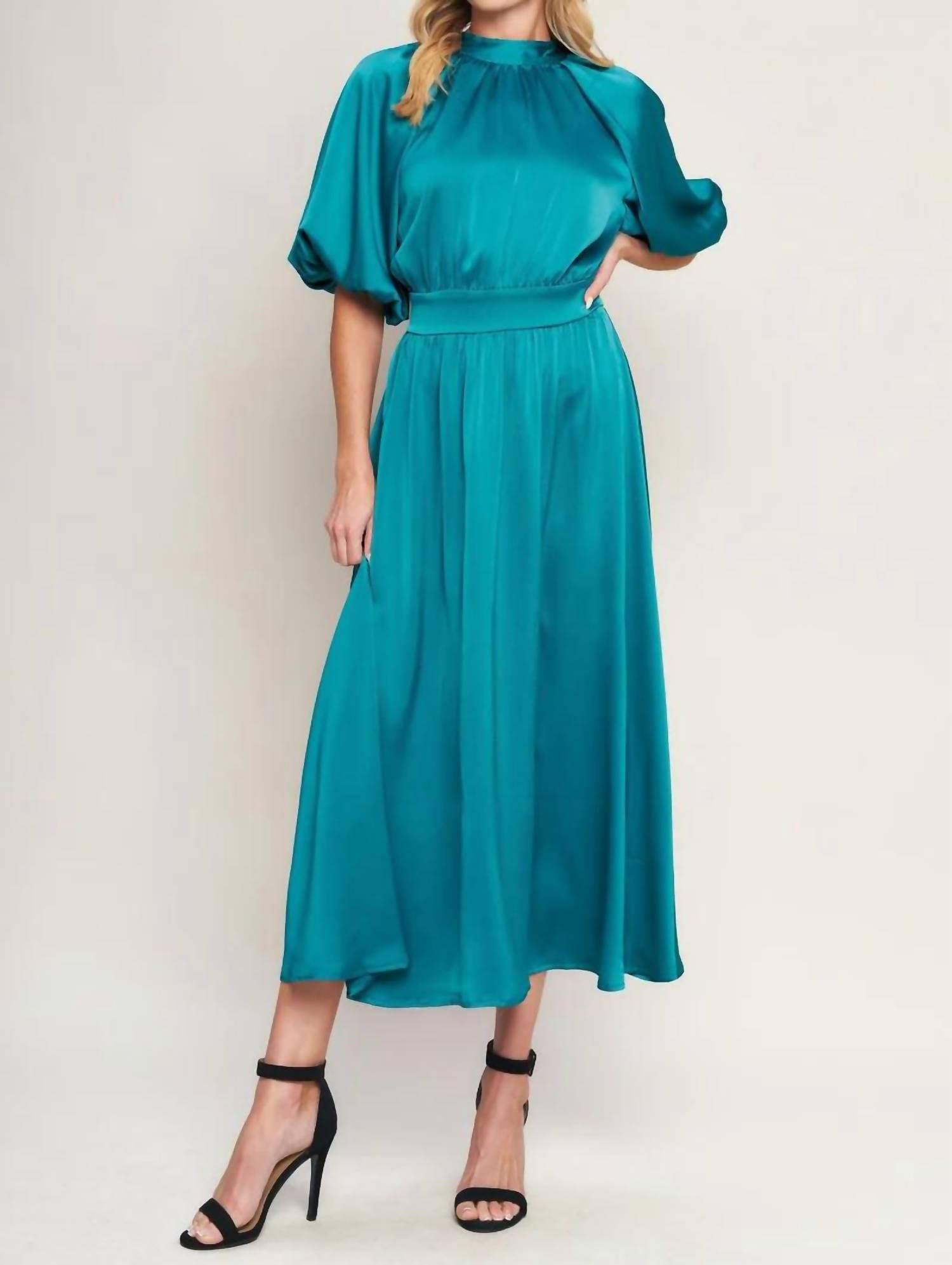 Flying Tomato - Mock Neck Bell Sleeve Satin Effect Midi Dress
