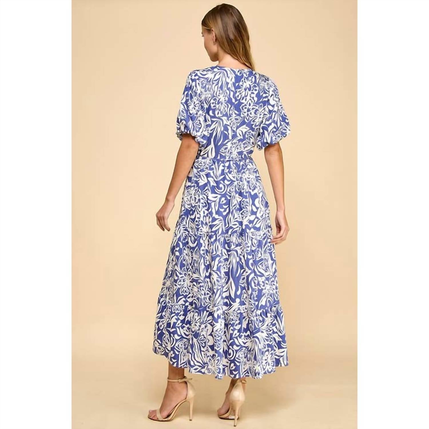 TCEC Abstract Floral Print Waist Tie Midi Dress in blue - women's dress - alternate view