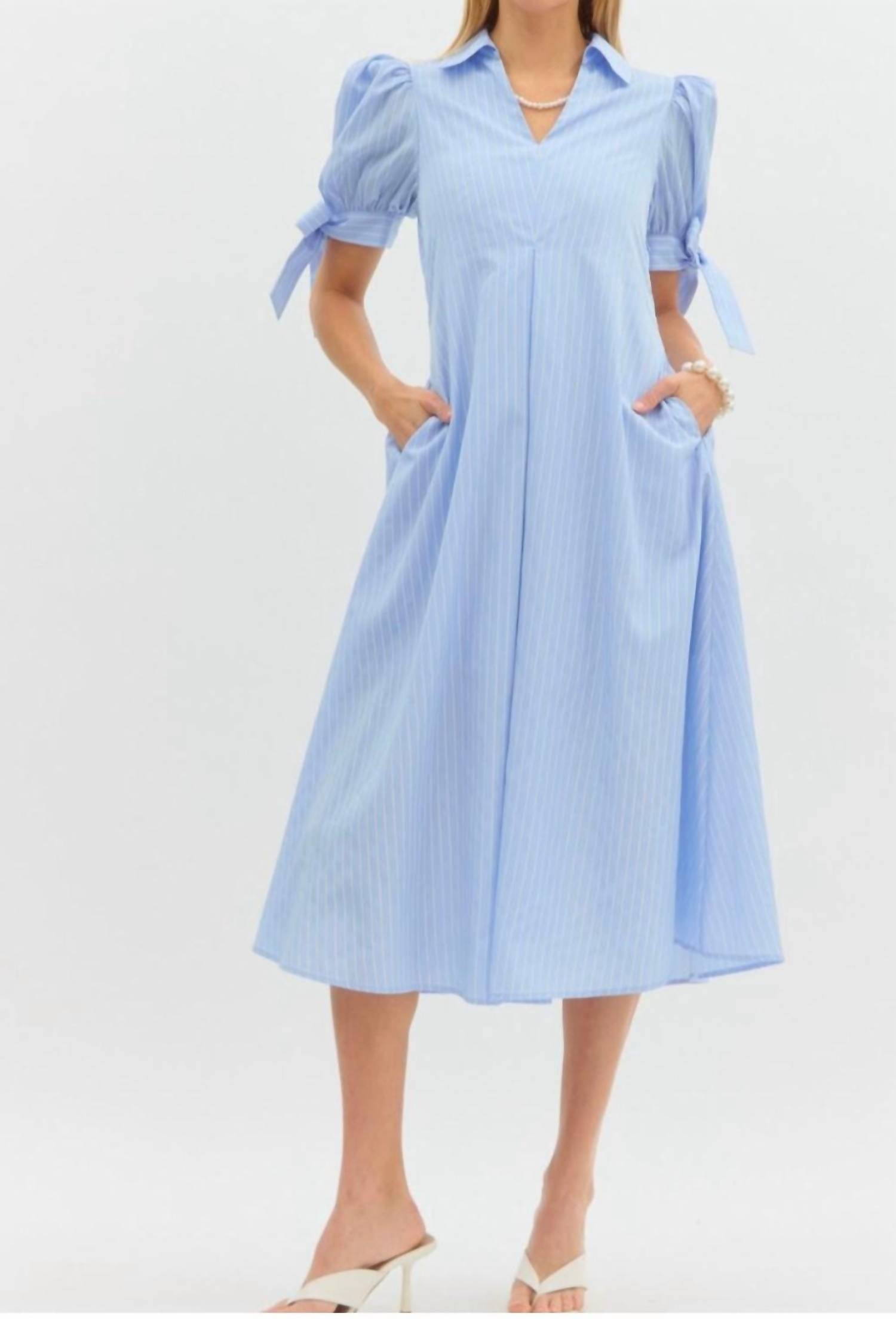 Entro - Pinstriped Puff Sleeve Midi Dress