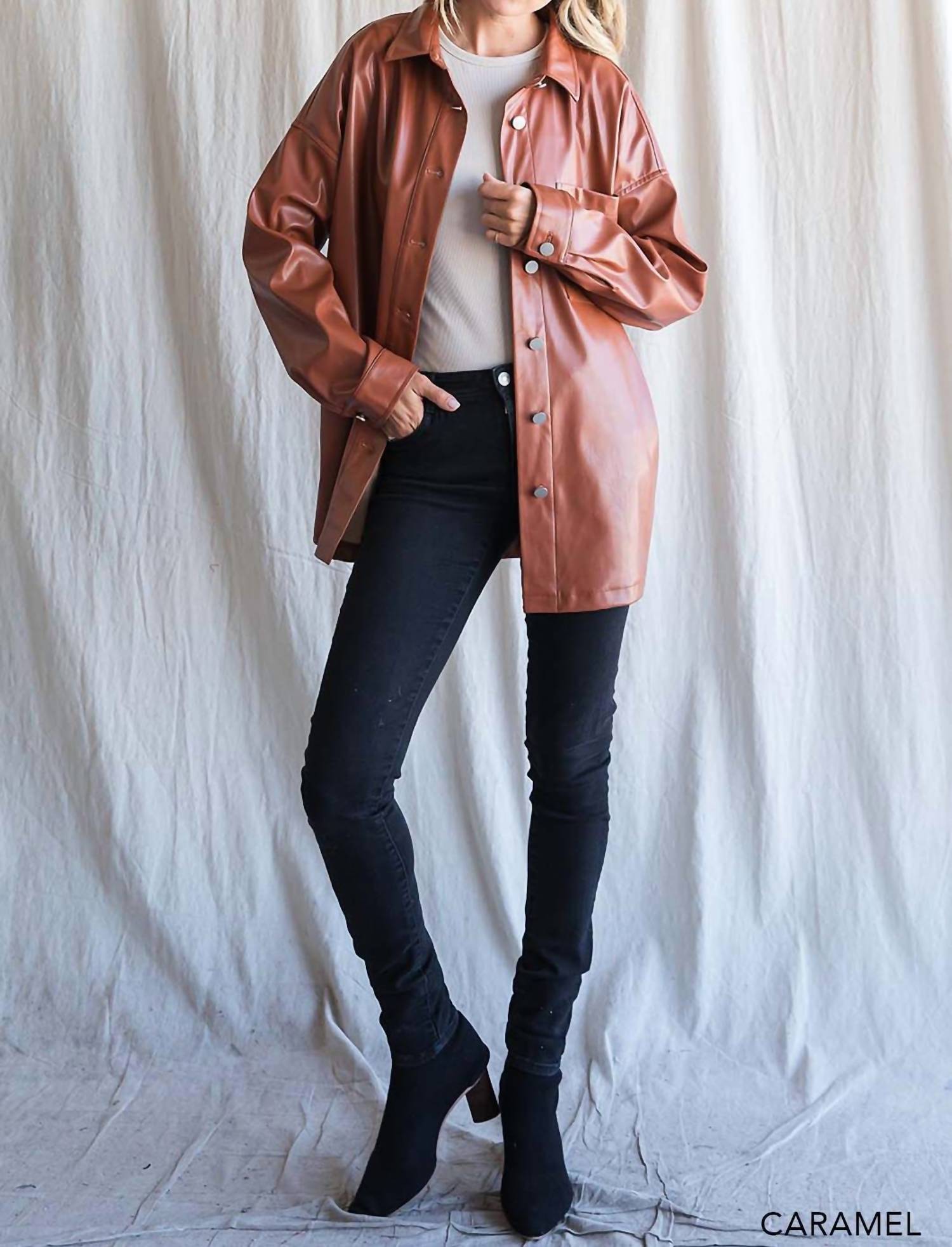 Cotton Bleu - Faux Leather Shirt Jacket