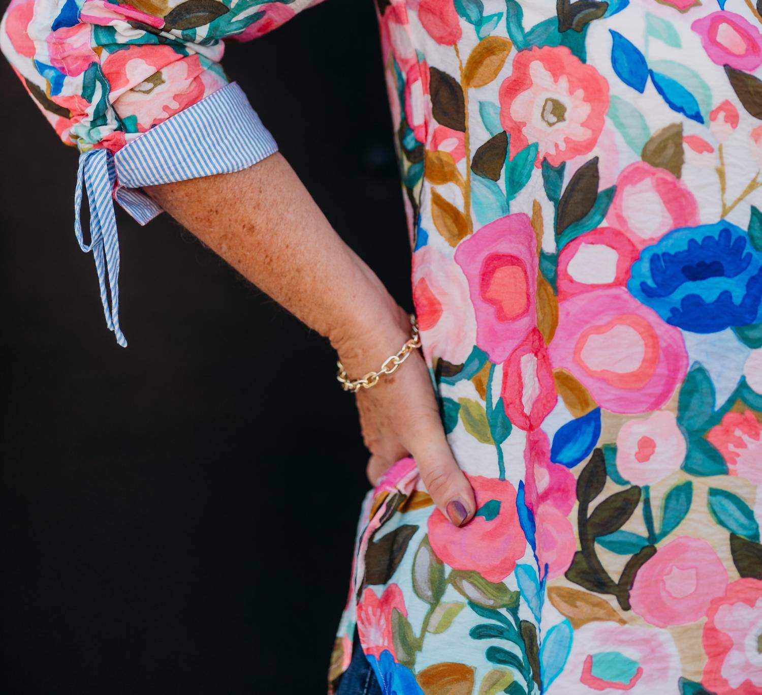 John Mark - Floral Print Button Front Patch & Roll Tab Sleeve