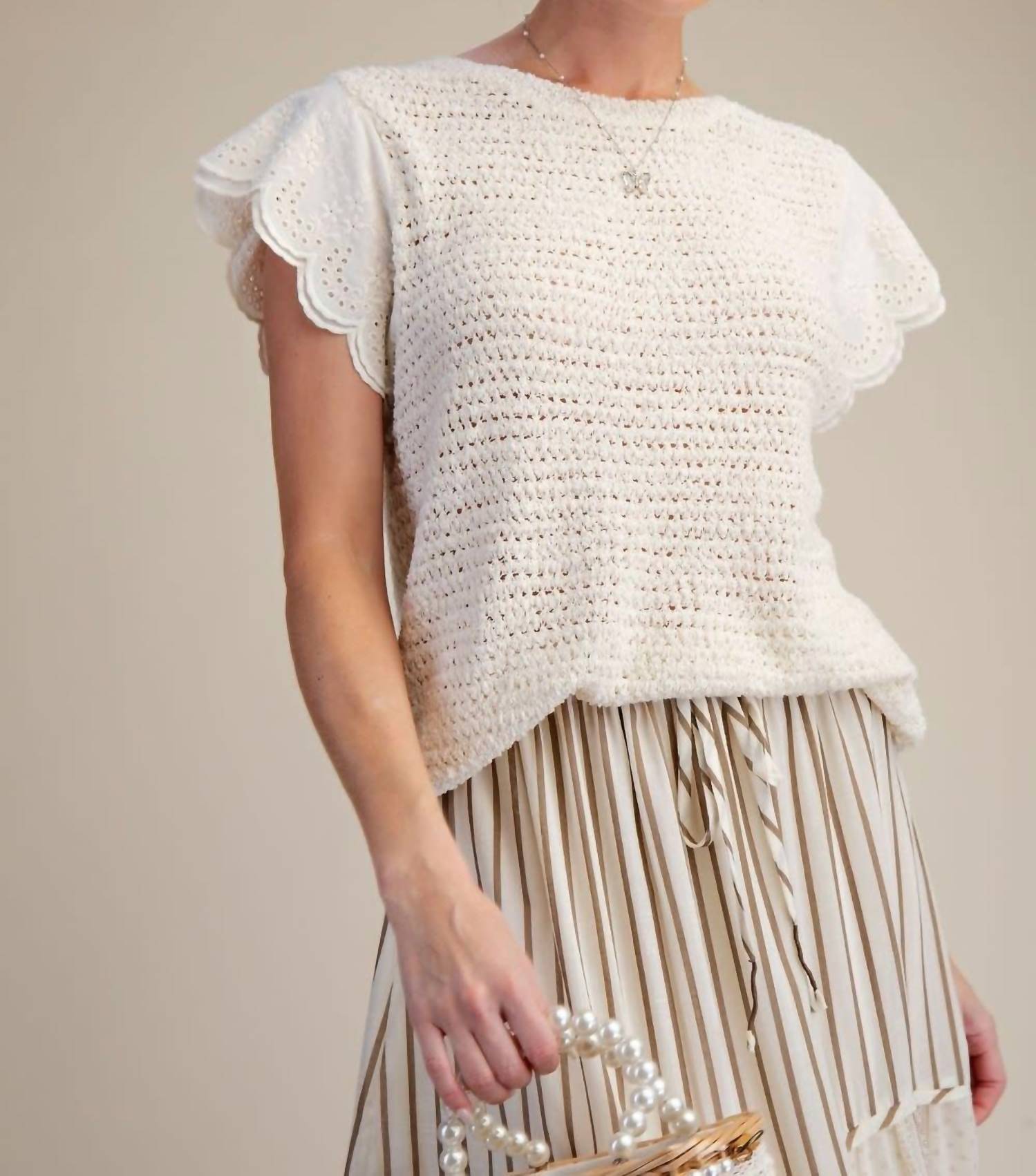 Easel - Lace Cap Sleeve Knitted Sweater