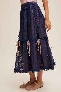 Listicle Lace Midi Skirt With Ribbon Details in navy - women's skirt - view 6