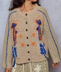 Pol - Long Sleeve Floral Frayed Edge Cardigan Top