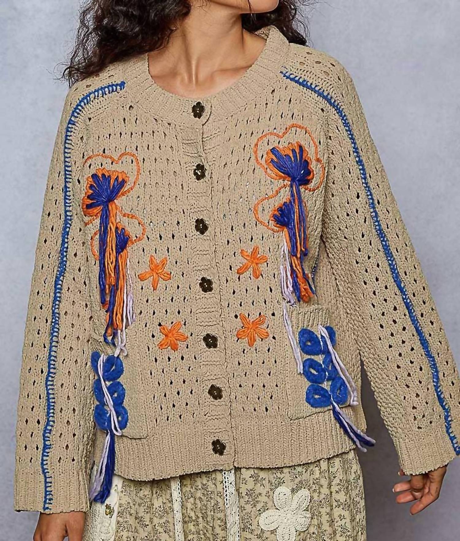 Pol - Long Sleeve Floral Frayed Edge Cardigan Top