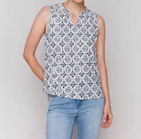 CHARLIE B Printed Sleeveless Blouse With Ruffle Collar in ornament - women's blouse