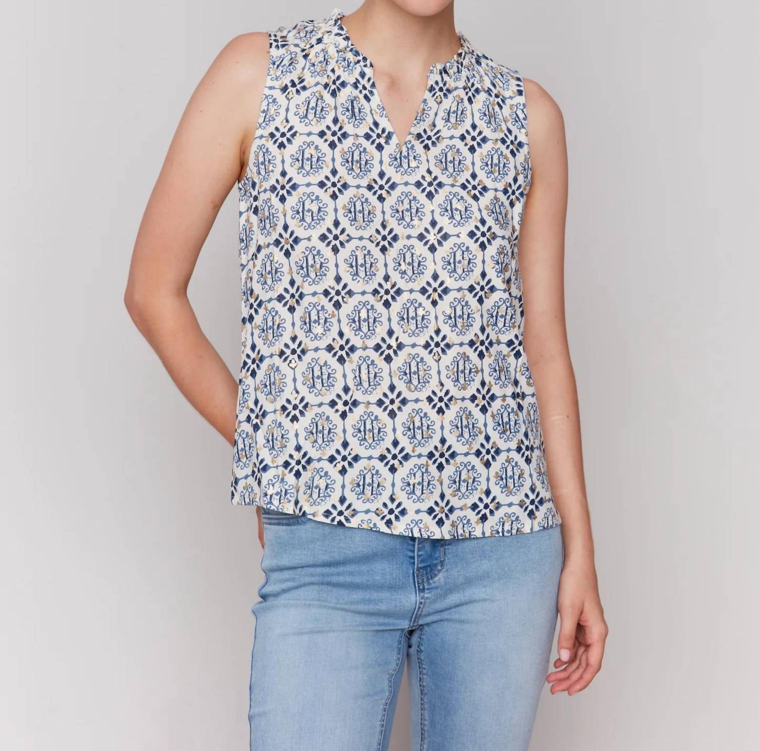 CHARLIE B Printed Sleeveless Blouse With Ruffle Collar in ornament - women's blouse