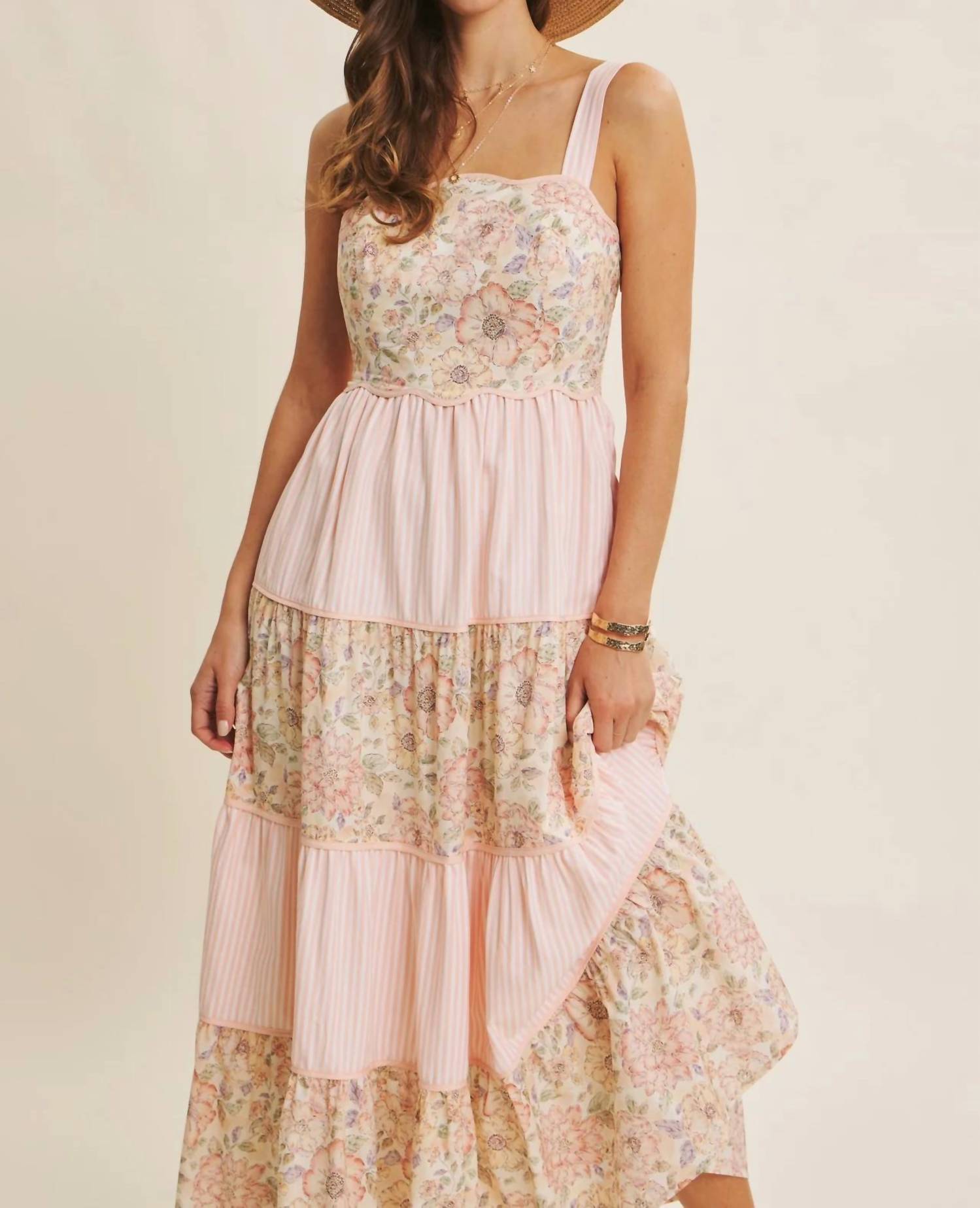 In February - Dreamy Ideal Florals And Stripes Tiered Midi Dress