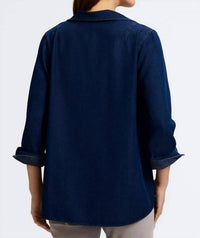 Foxcroft Agnes Tencel Denim 3/4 Sleeve Popover Shirt in dark wash navy denim - women's blouse - detail view