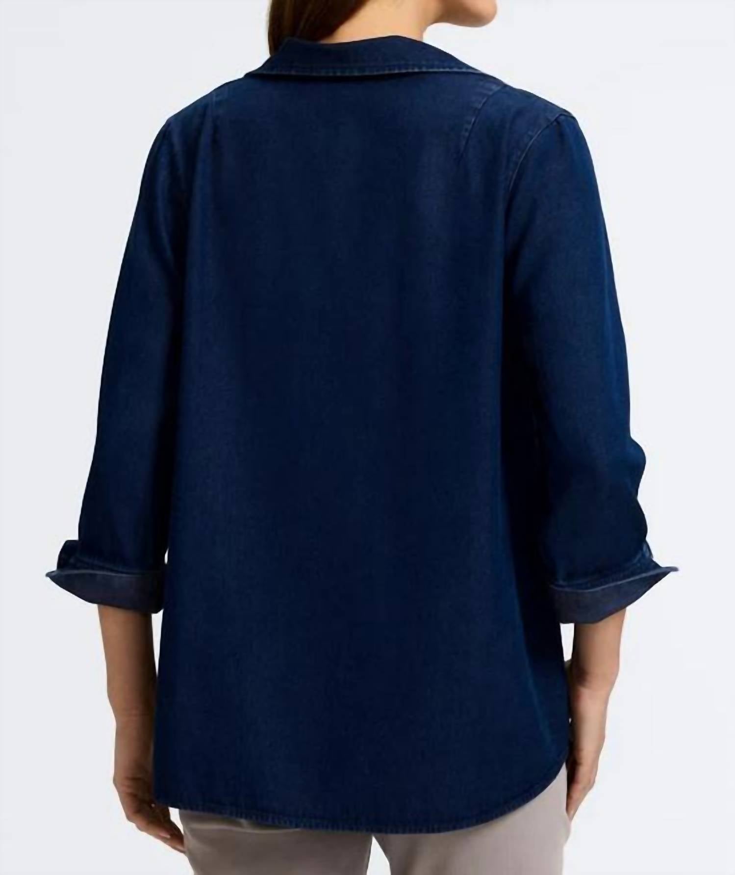 Foxcroft Agnes Tencel Denim 3/4 Sleeve Popover Shirt in dark wash navy denim - women's blouse - detail view