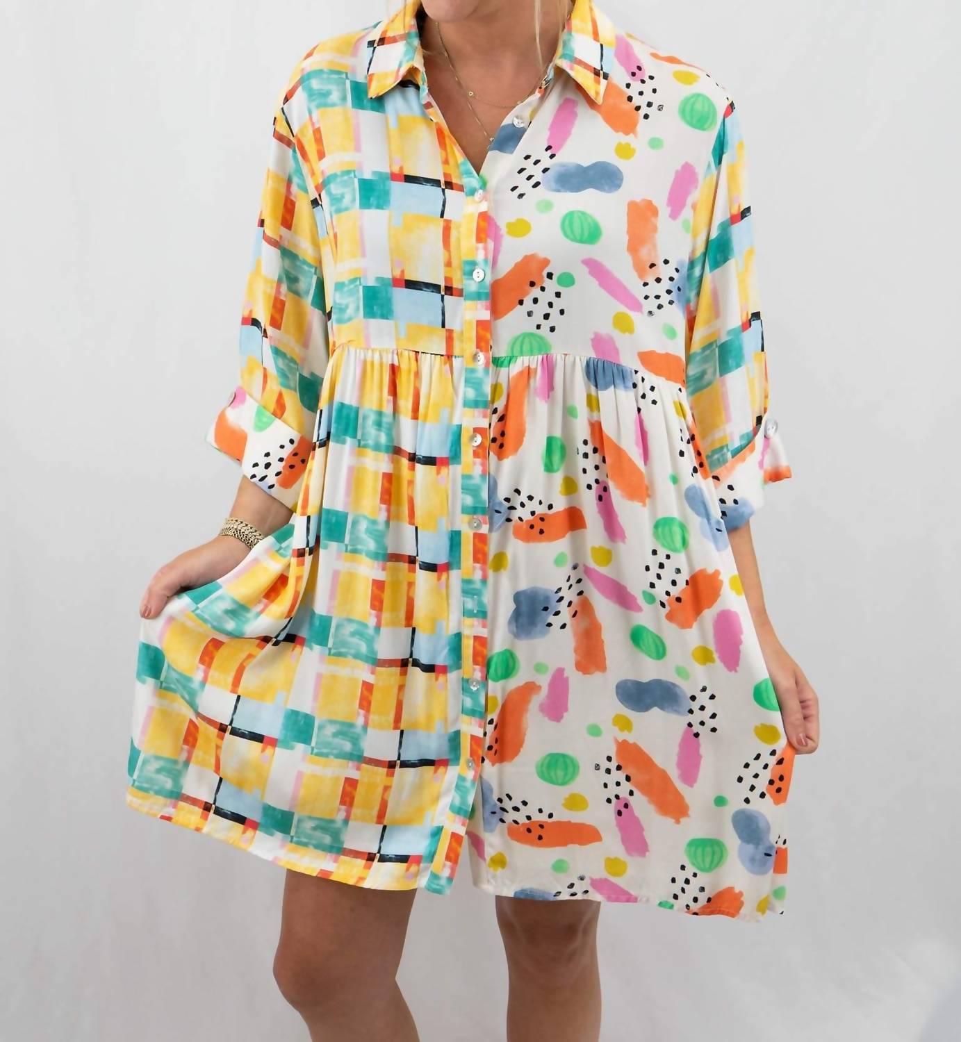 Entro - Mixed Print Button Up Mini Dress