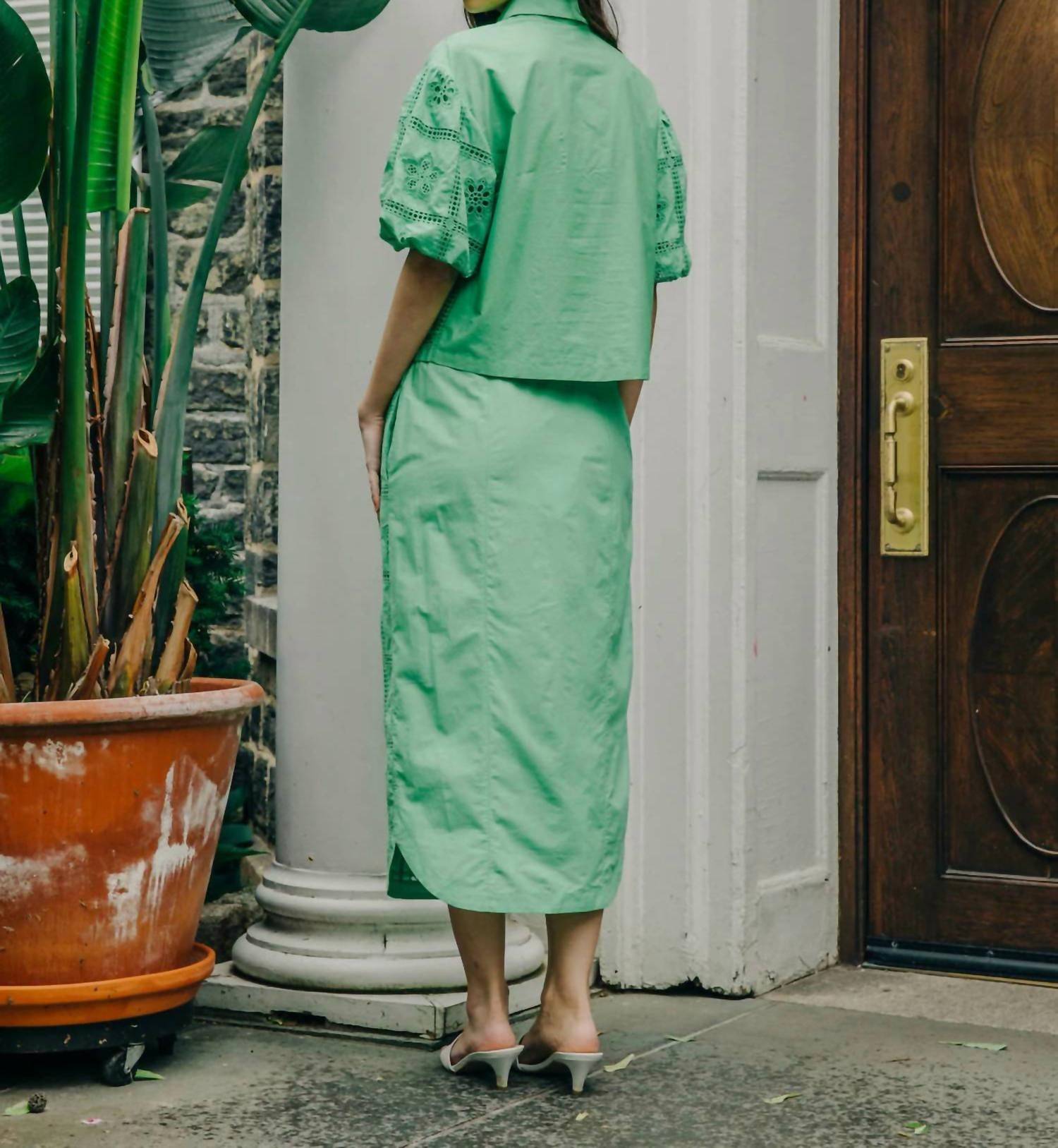 LOVE THE LABEL Nylah Midi Skirt in kiwi - women's skirt - detail view