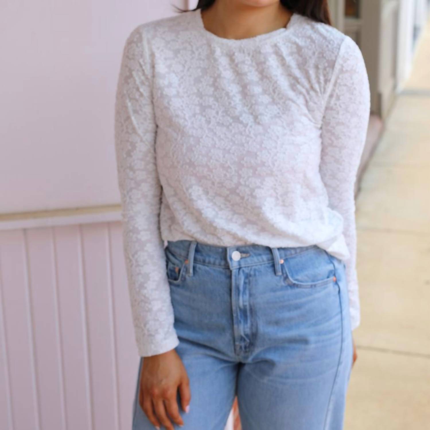 Dylan Mesh Flowers Tee in white - women's long sleeve top - detail view