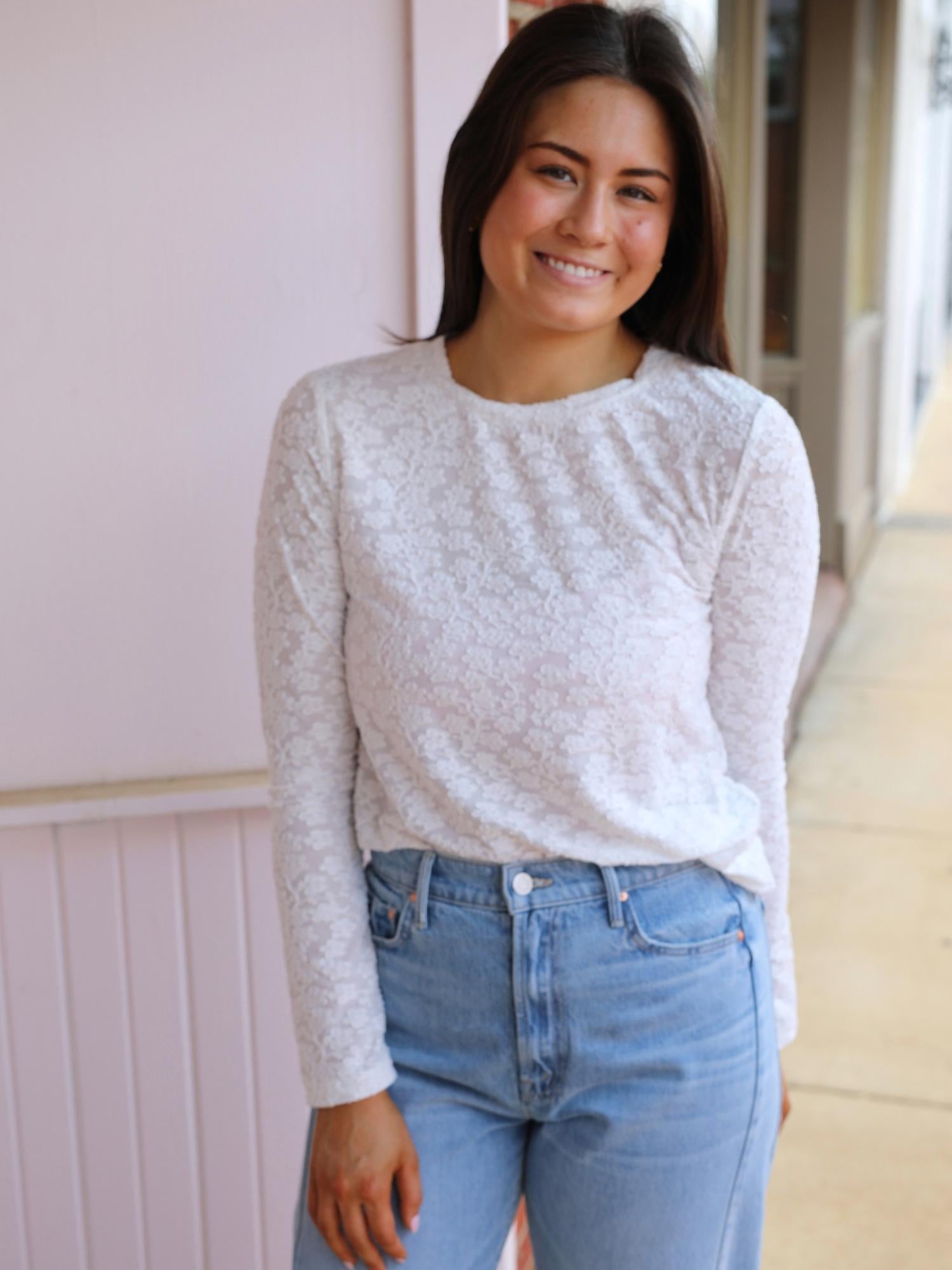 Dylan Mesh Flowers Tee in white - women's long sleeve top - alternate view
