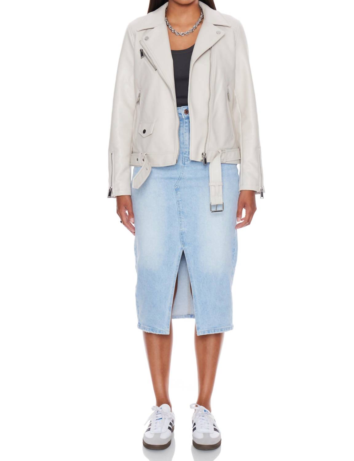 WithBlack Melissa Faux Leather Biker Jacket in cream - women's jacket - detail view
