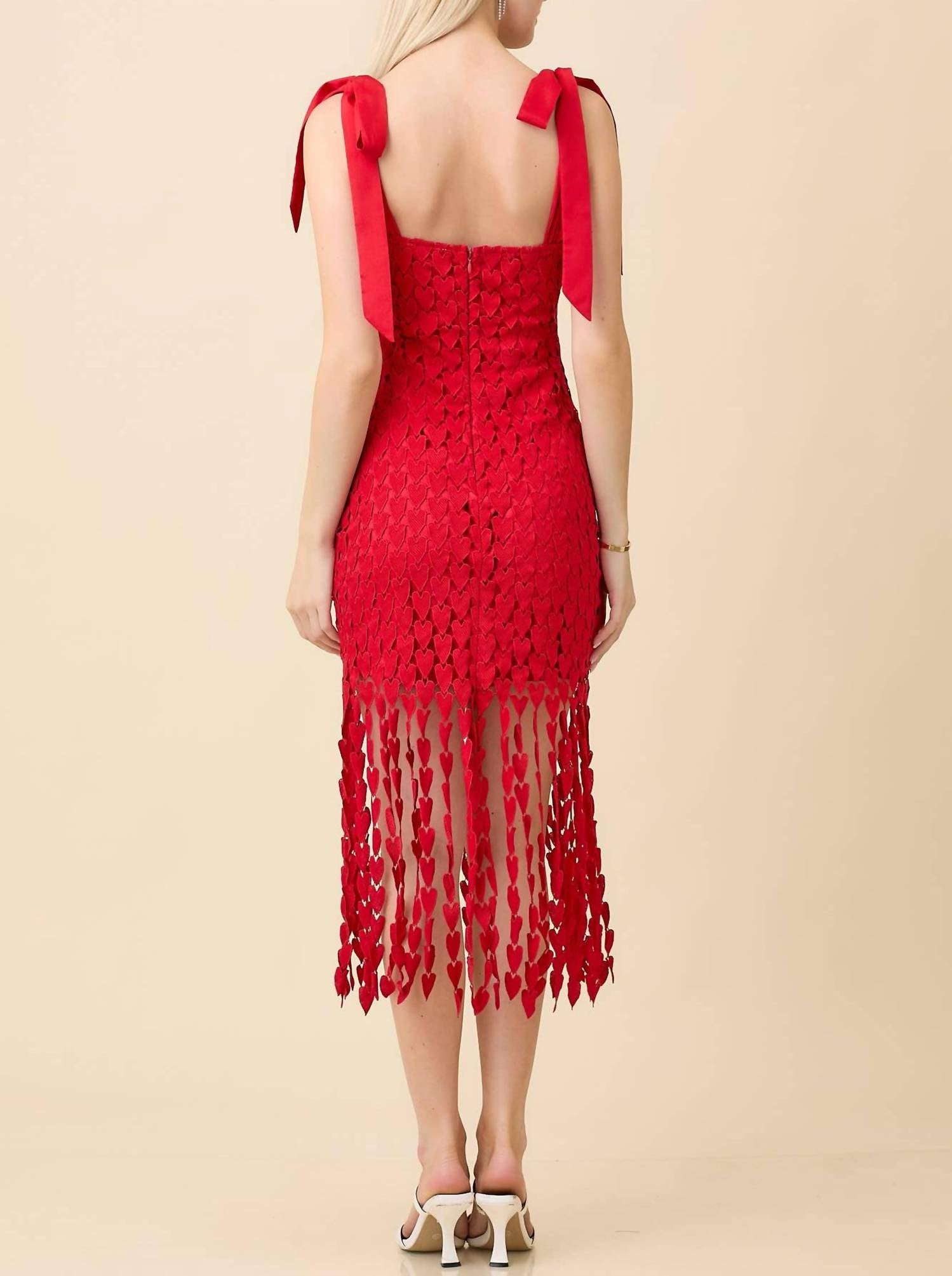 Main Strip - Shoulder Strap Tie With Heart Lace Fringe Dress