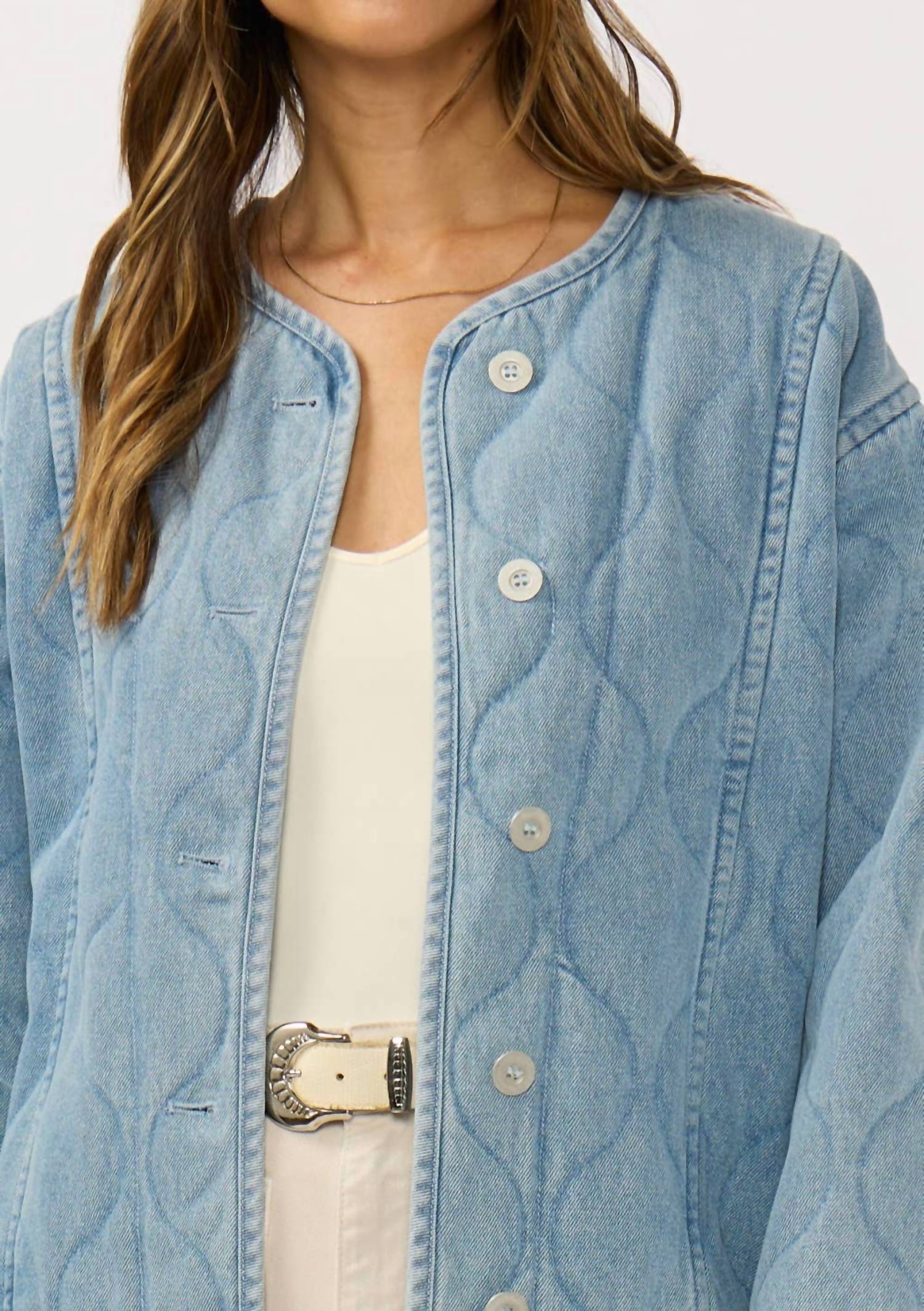 LOVESTITCH Quilted Denim Jacket With Pockets in blue - women's jacket - view 4