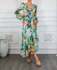 Surelymine - Bubble Sleeves Floral Cut-Out Ruffle Midi Dress