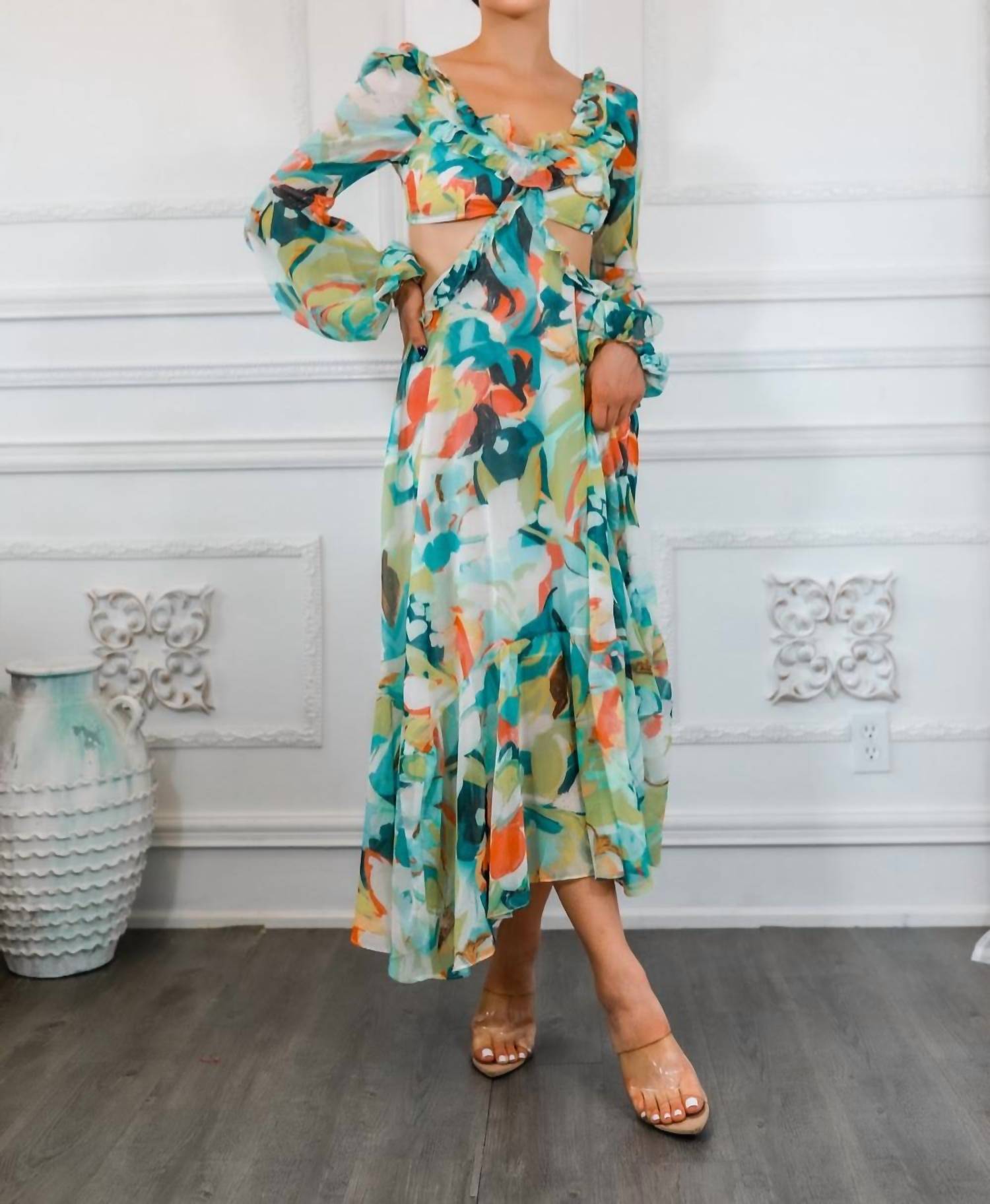 Surelymine - Bubble Sleeves Floral Cut-Out Ruffle Midi Dress
