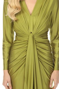 Joseph Ribkoff Ruched V-neck Satin Evening Midi Dress in fern green - women's dress - view 4