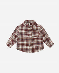 Rylee + Cru Collared Long Sleeve Shirt in burgundy plaid - kids' shirt - detail view