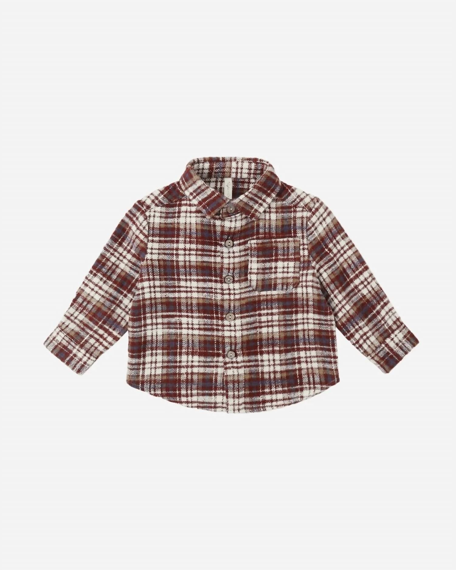 Rylee + Cru Collared Long Sleeve Shirt in burgundy plaid - kids' shirt - detail view