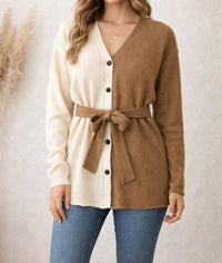 PROMESA Colorblock Belted Cardigan in beige - women's cardigan