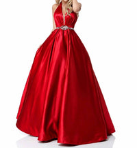 Sherri Hill Halter Beaded Waist Satin Formal Maxi Dress in red - women's dress