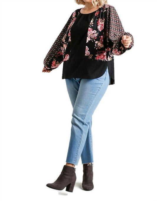 Umgee - Mixed Print Waffle Knit Top - PLUS