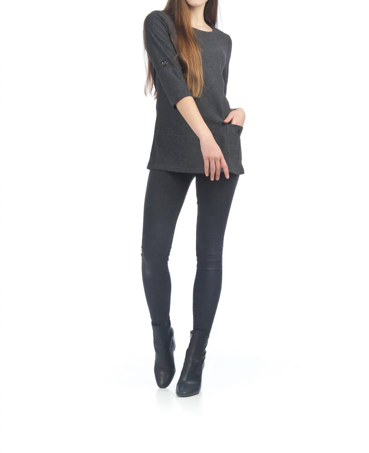 Papillon - Rib Design Tab Sleeve Sweater With Pocket