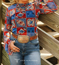 Lucky & Blessed - Bandana Printed Mesh Flare Sleeve Top