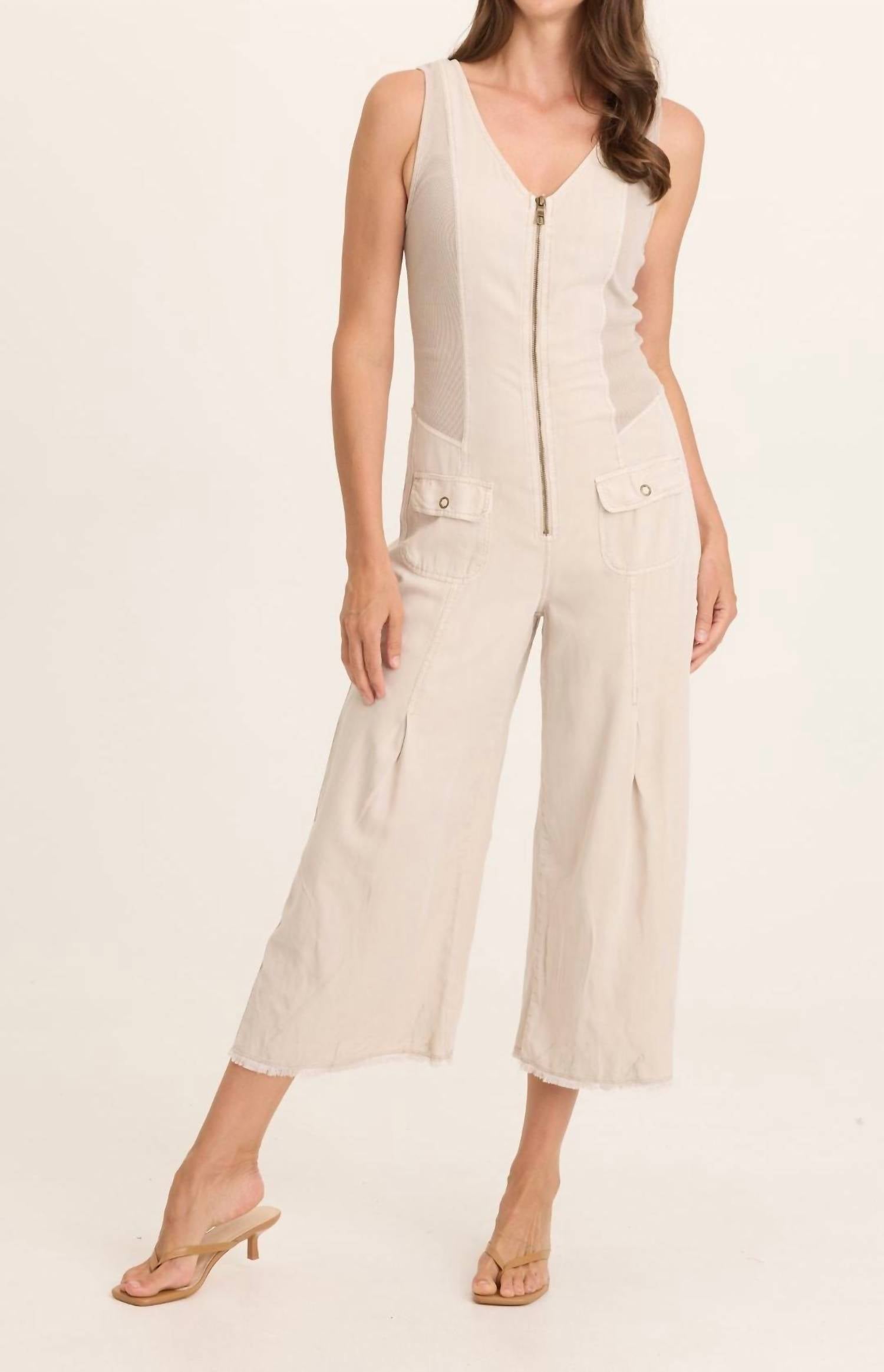 Wearables Women's Linette Twill Zip Up V Neck Jumpsuit in chalky tan grey - women's pants