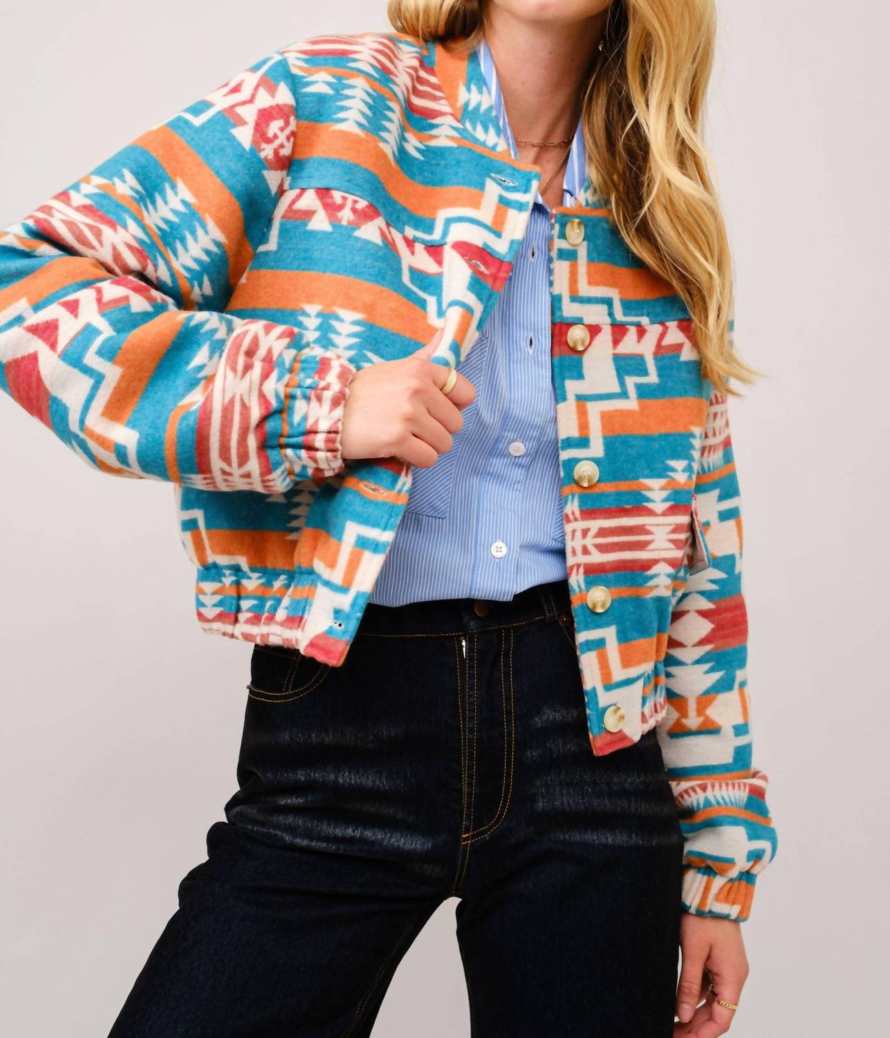 Blue B - Jacquard Aztec Snap Up Bomber Jacket