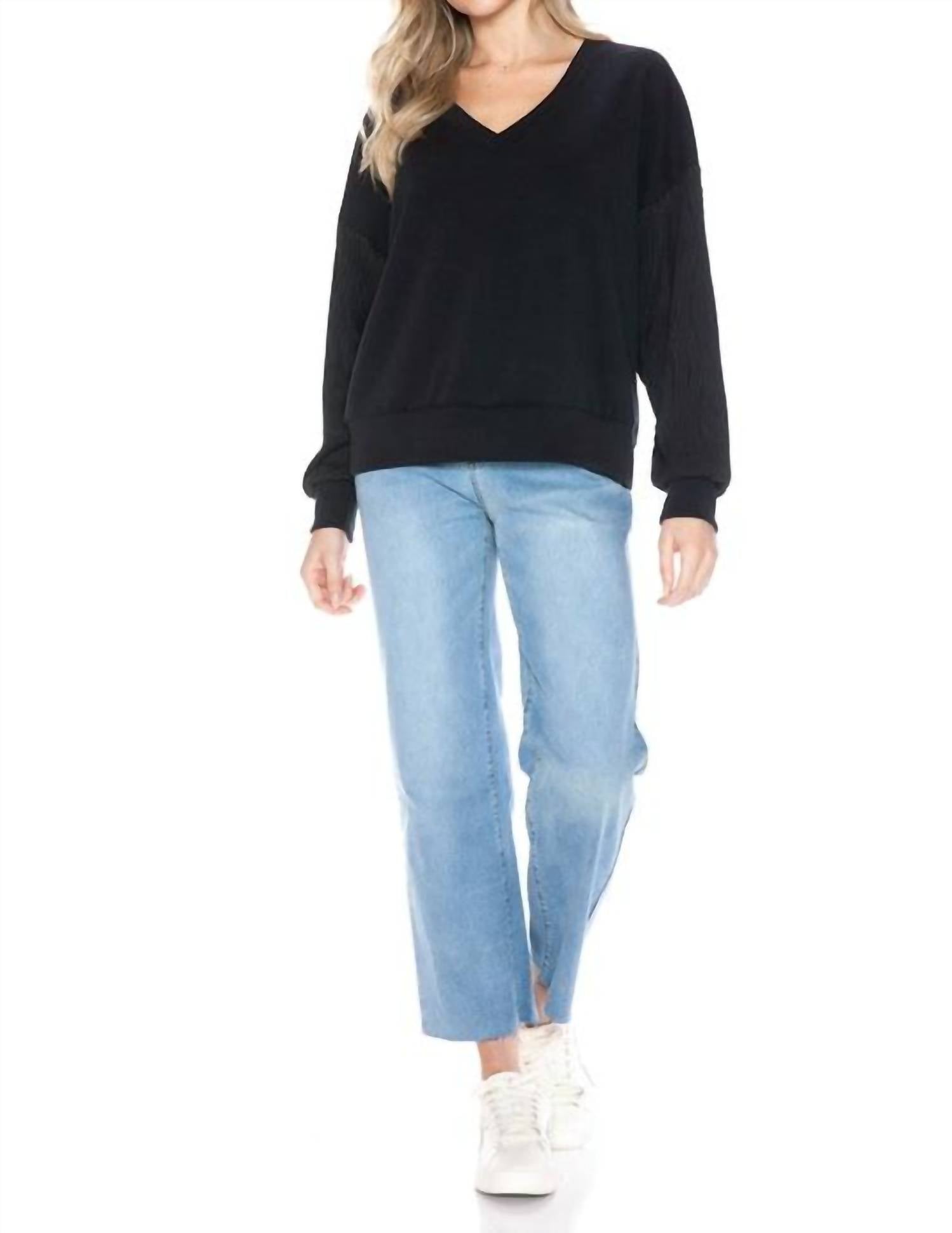 ariella V-neck Top With Contrast Sleeve in black - women's sweater - view 6