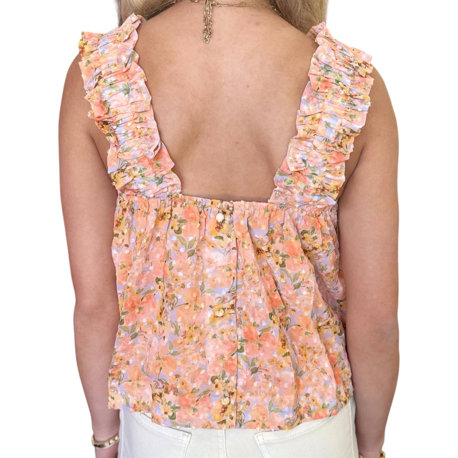 Reset By Jane - Women's Mila Floral Print Chiffon Square Neck Ruffle Shoulder Babydoll Top