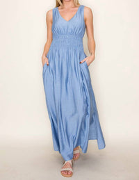 Staccato - Willow Bay Double V Neck Smocked Waist Tied Back Maxi Dress