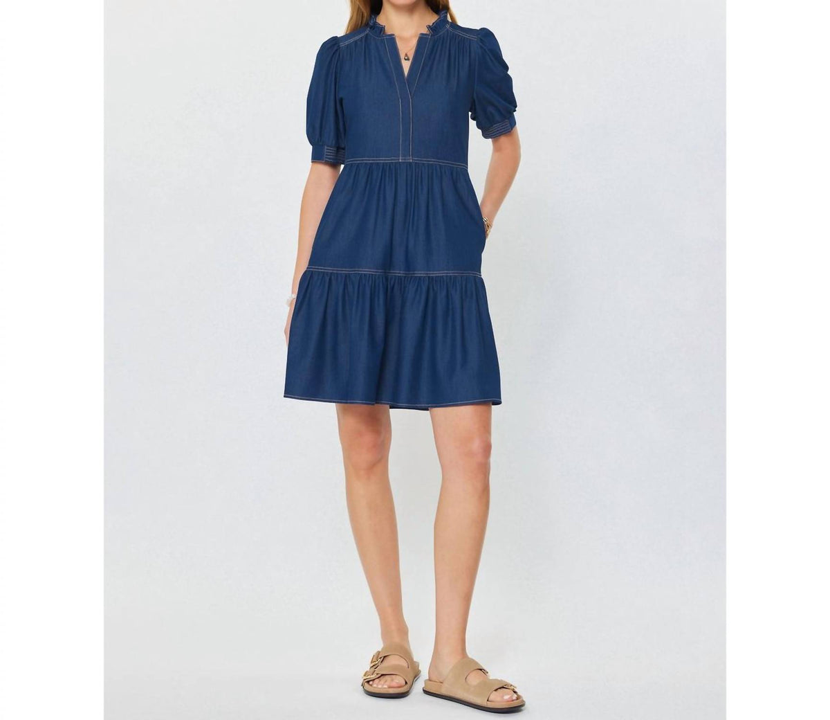 Current Air - Denim Tiered Short Sleeve Mini Dress