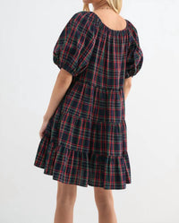 WISHLIST Holly Plaid Puff Sleeve Tiered Midi Dress in navy - women's dress - alternate view